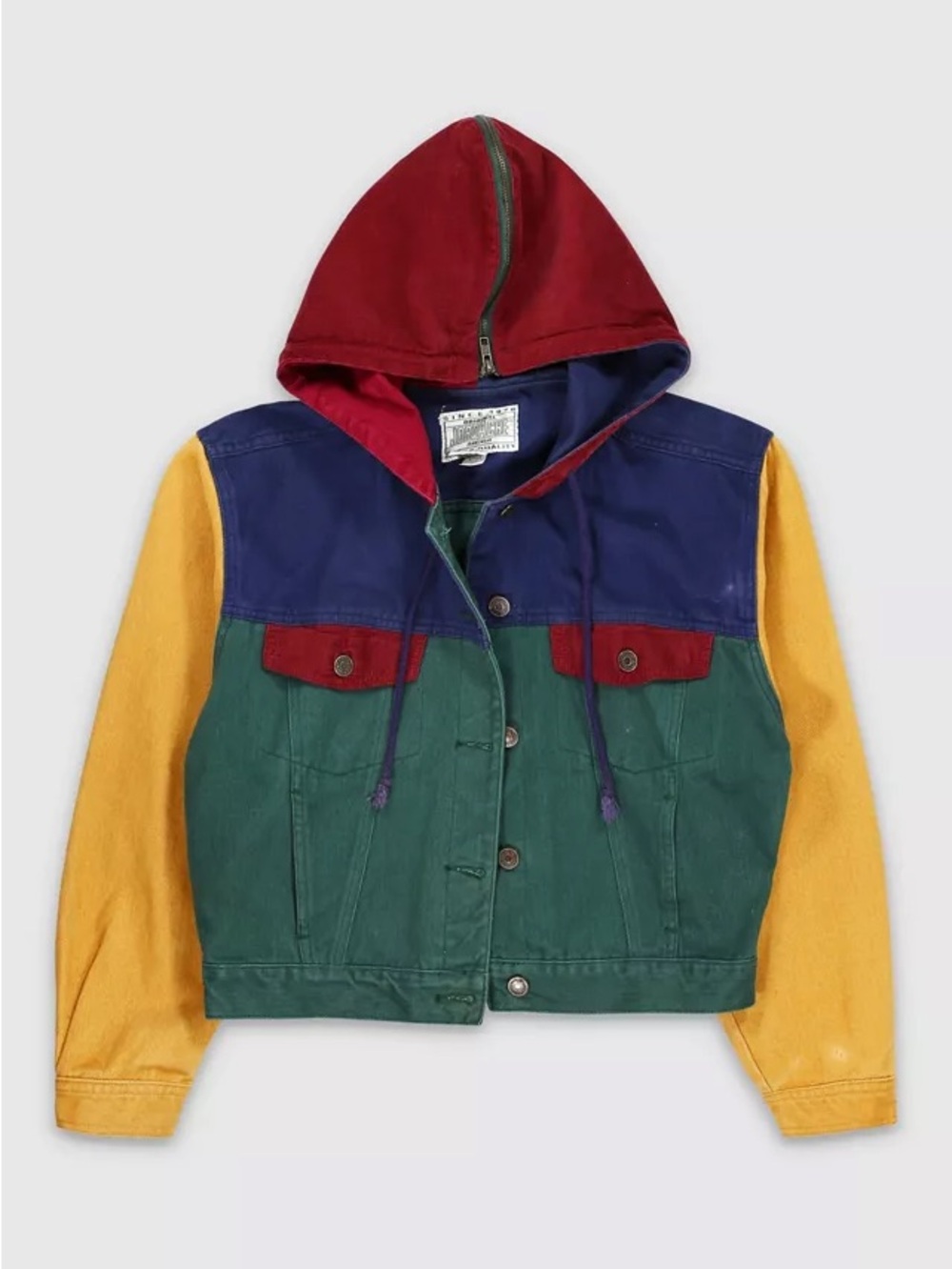 Rare vintage Jordache 90s colorblock split hood cropped denim jacket